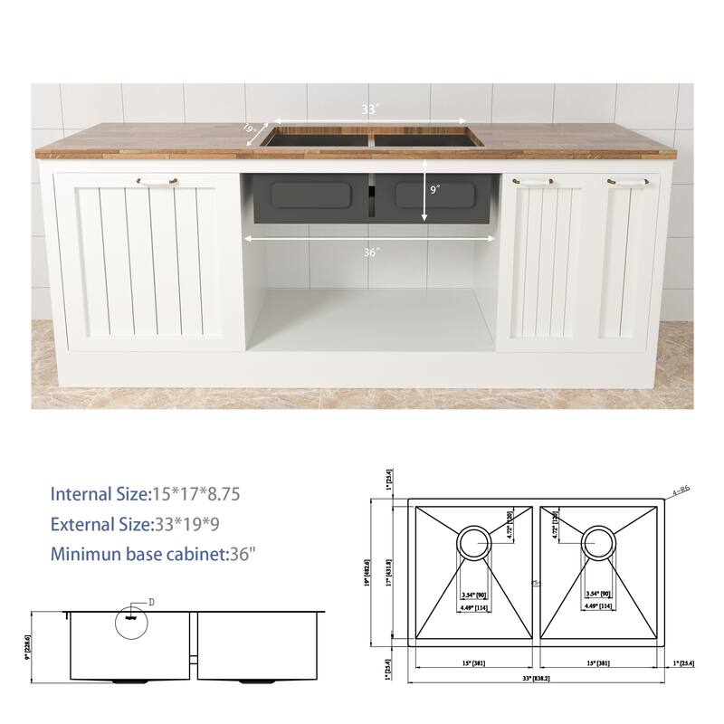 33" 18 Gauge Stainless Steel Undermount 50/50 Double Bowl Kitchen Sinks